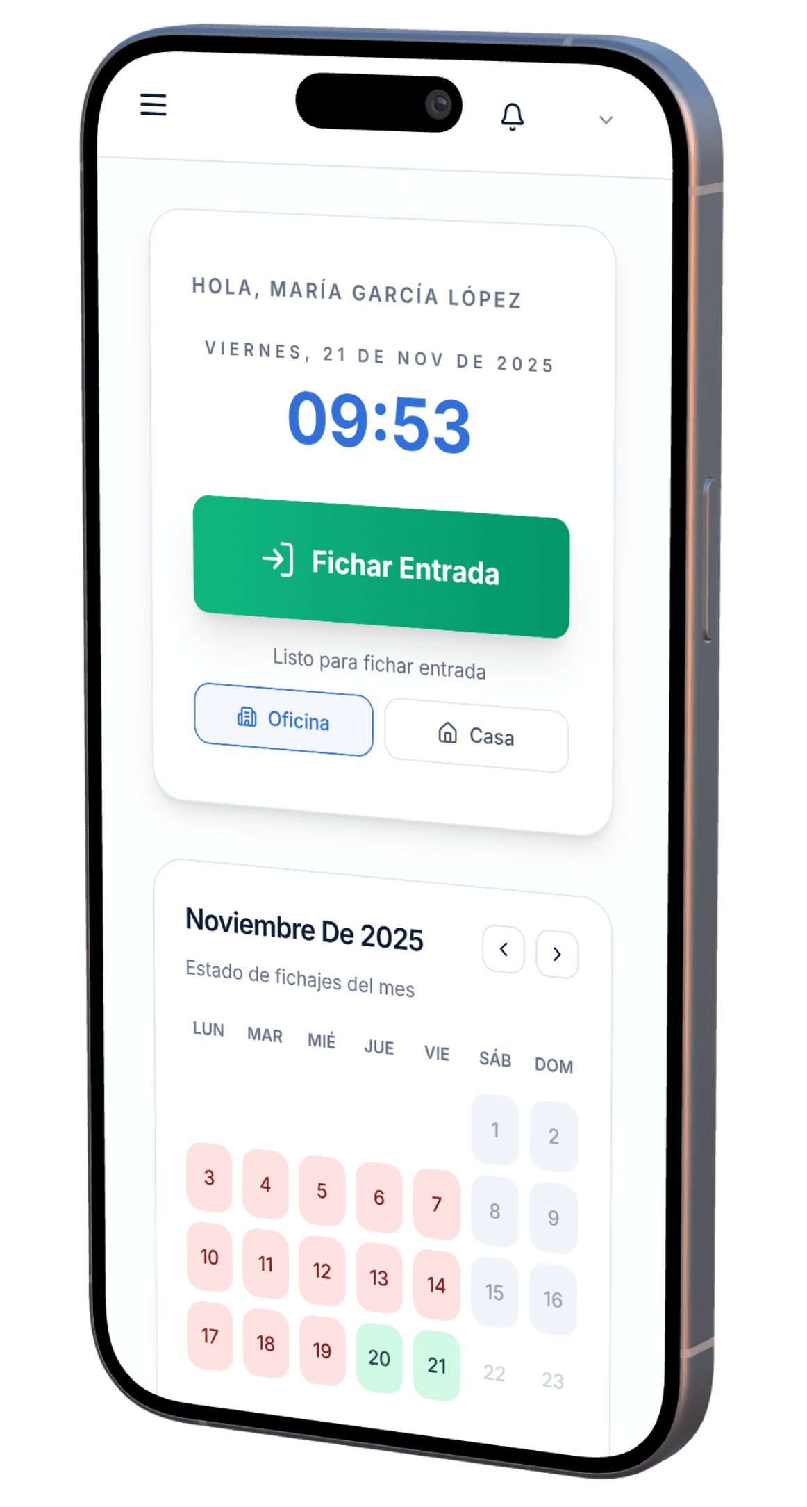 Vista del software de control horario FichMe en un móvil