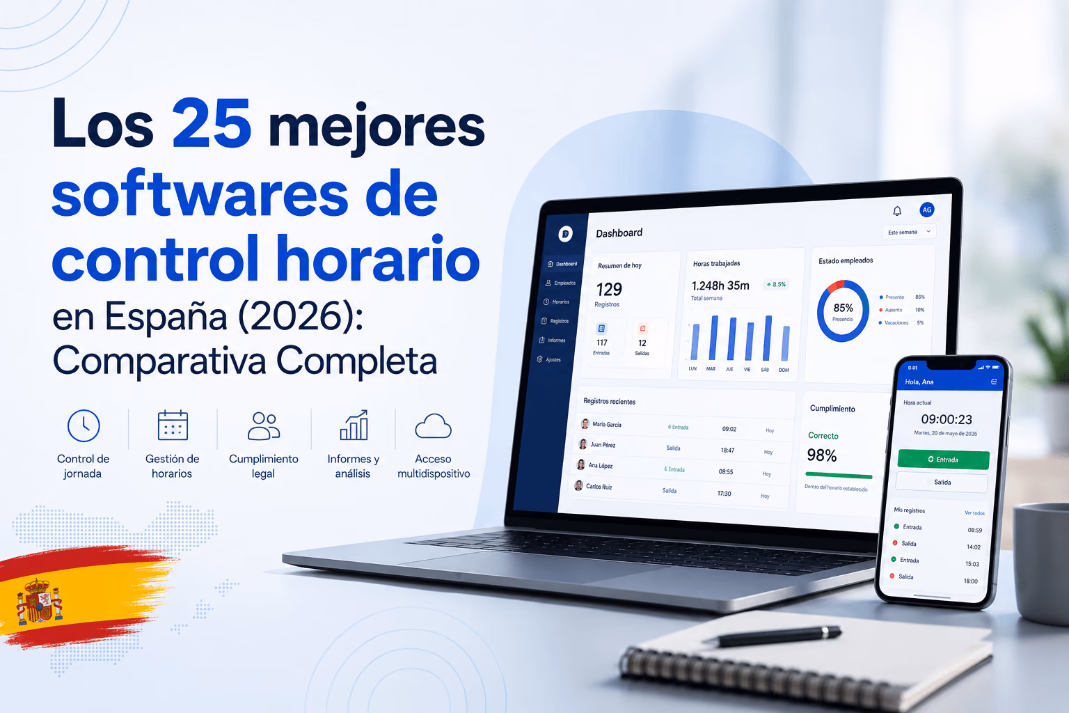 Los 25 mejores softwares de control horario en España 2026: comparativa completa con precios y funciones