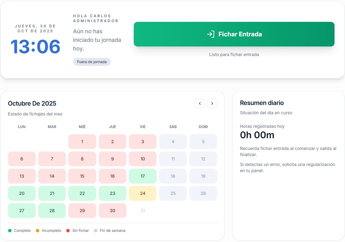 Interfaz de FichMe - Dashboard de fichajes