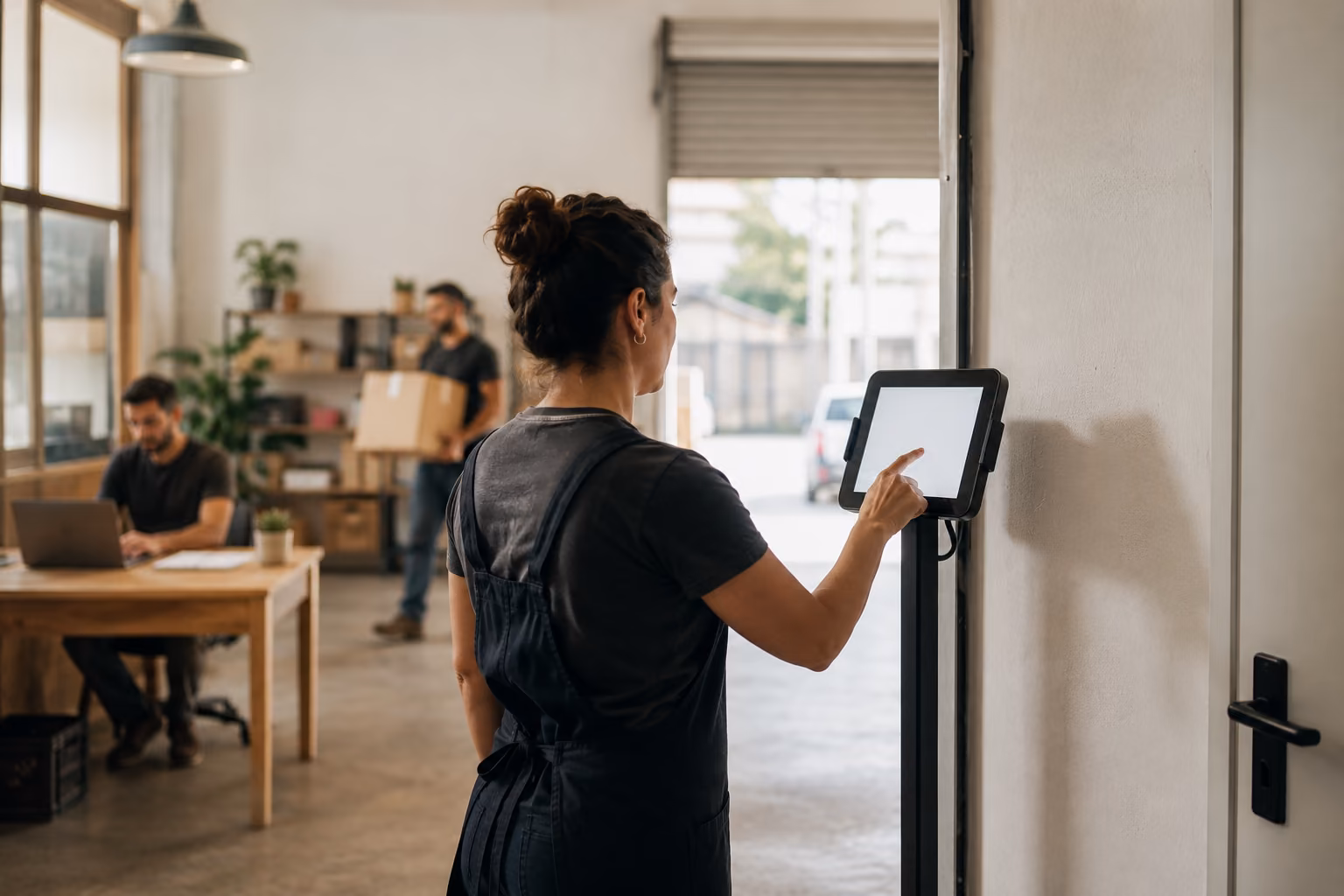 Trabajadora de una pequeña empresa fichando con el dedo en una tablet en modo kiosco junto a la puerta del almacén, con dos compañeros trabajando al fondo
